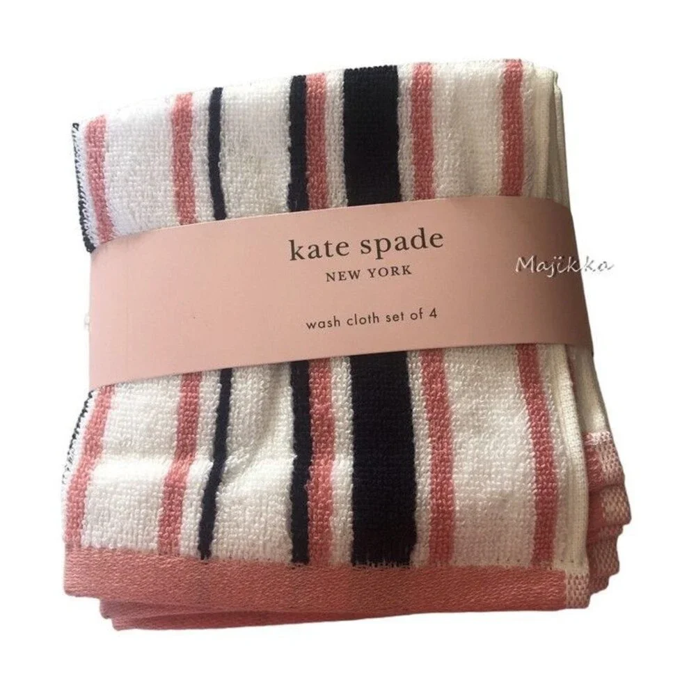 Kate Spade Set of 2 Hand Towels 4 Washcloths Facecloths Pink Navy White Stripe